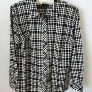 Talbots black white plaid metallic button front long sleeve shirt *Sz MP*
